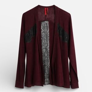 NWT Love Scarlett Burgundy Lace Inset Open Front Cardigan Size M Wool Blend
